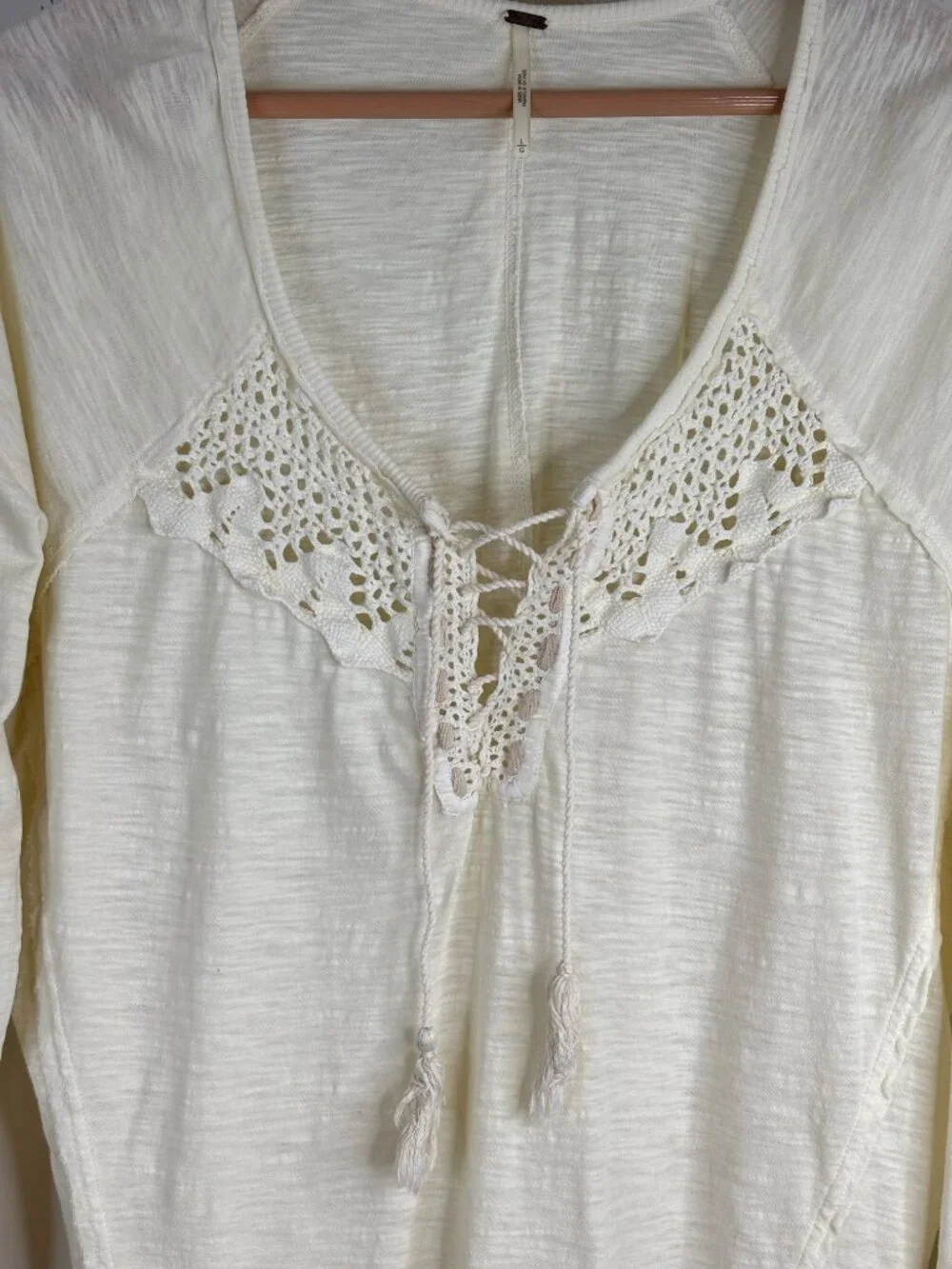 Free People Cream Crochet Lace Up Henley L Boho Y2K Cottage Long Sleeve Western